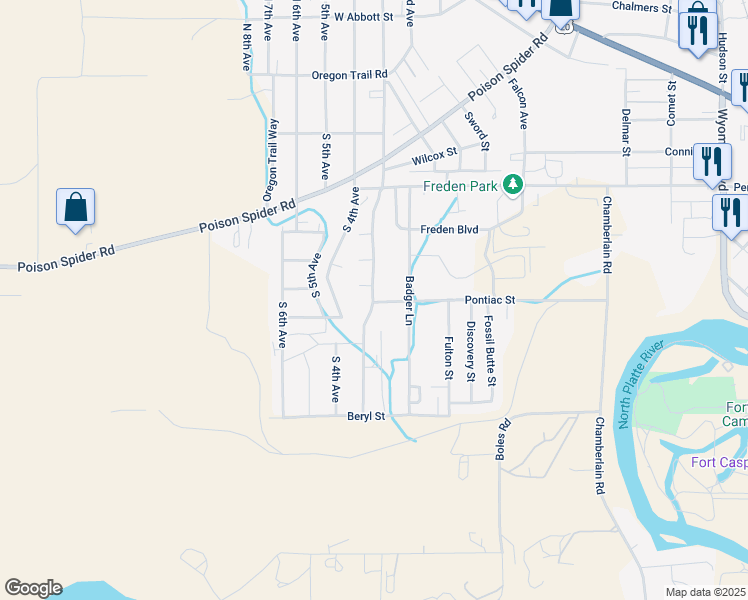 map of restaurants, bars, coffee shops, grocery stores, and more near 1399 Pontiac St in Mills
