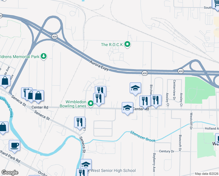 map of restaurants, bars, coffee shops, grocery stores, and more near 365 Wimbledon Court in West Seneca