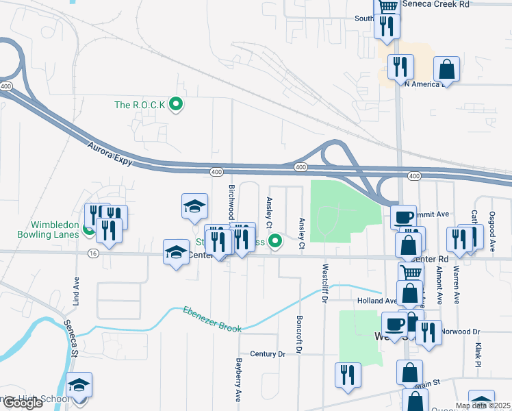map of restaurants, bars, coffee shops, grocery stores, and more near 506-560 Birchwood Square in Buffalo