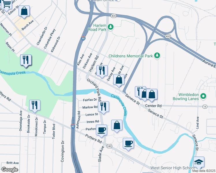 map of restaurants, bars, coffee shops, grocery stores, and more near 2849 Seneca Street in Buffalo