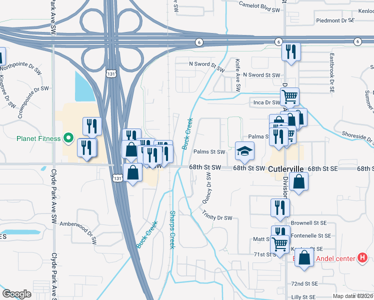 map of restaurants, bars, coffee shops, grocery stores, and more near 6765 Buck Creek Avenue Southwest in Grand Rapids