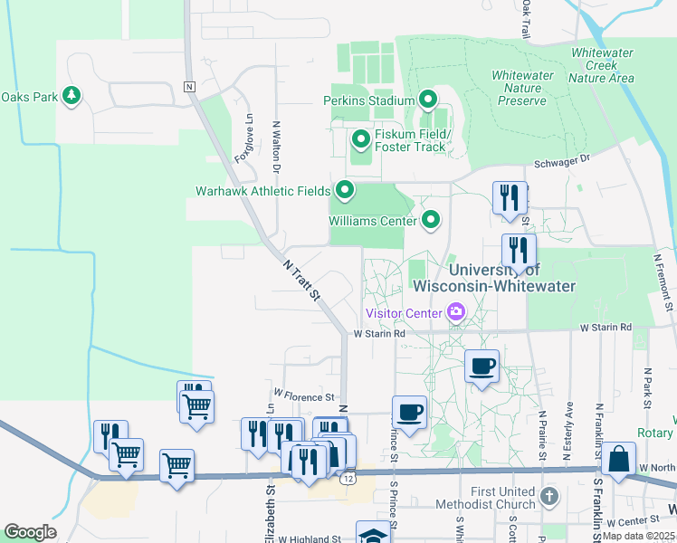 map of restaurants, bars, coffee shops, grocery stores, and more near 375 N Harmony Ln in Whitewater