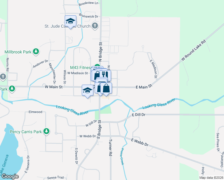 map of restaurants, bars, coffee shops, grocery stores, and more near 200-298 East Washington Street in DeWitt
