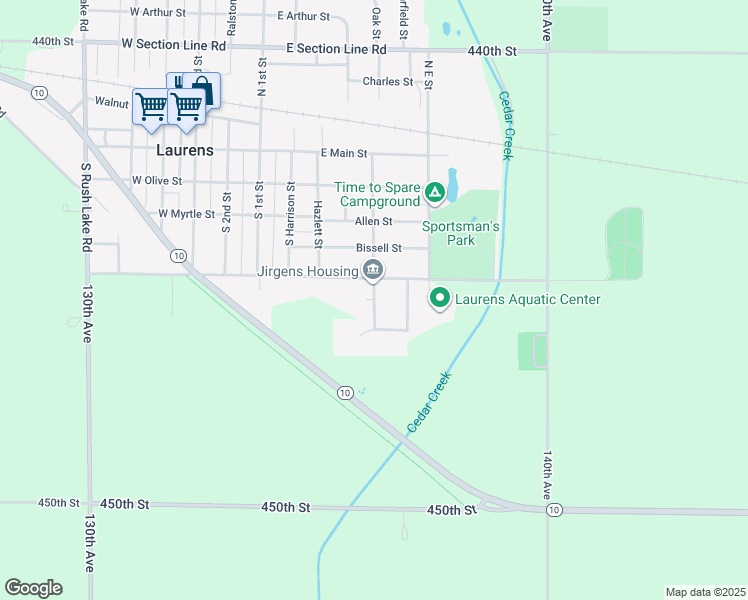 map of restaurants, bars, coffee shops, grocery stores, and more near 443 Sadie Street in Laurens