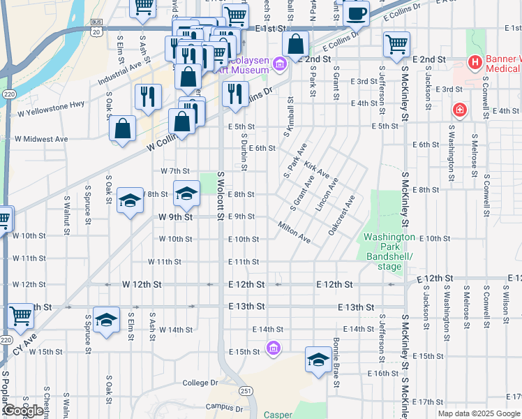map of restaurants, bars, coffee shops, grocery stores, and more near 832 South Beech Street in Casper