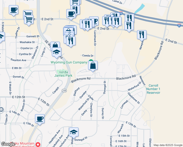 map of restaurants, bars, coffee shops, grocery stores, and more near in Casper
