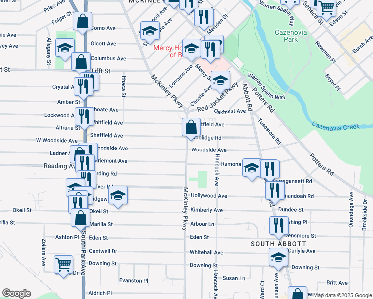 map of restaurants, bars, coffee shops, grocery stores, and more near McKinley Parkway & Woodside Avenue in Buffalo