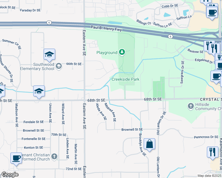 map of restaurants, bars, coffee shops, grocery stores, and more near 945 68th Street Southeast in Grand Rapids
