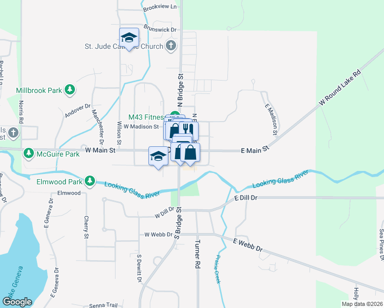 map of restaurants, bars, coffee shops, grocery stores, and more near 129 South Bridge Street in DeWitt