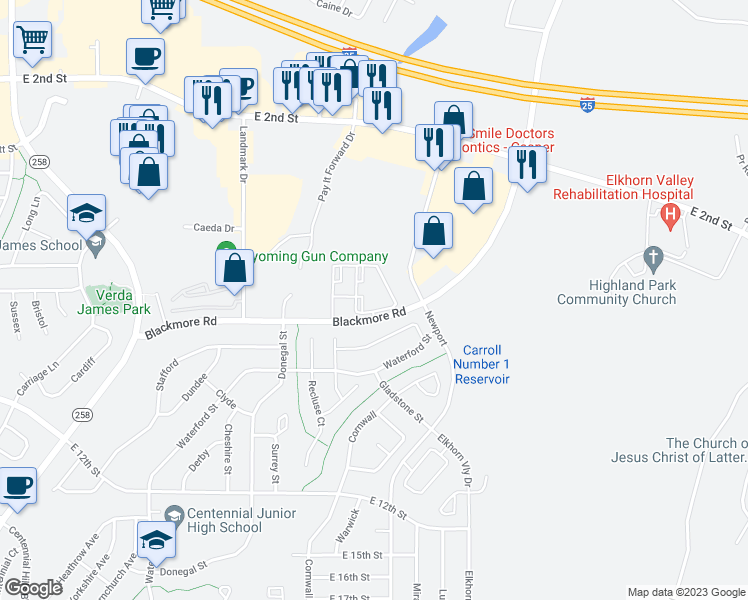map of restaurants, bars, coffee shops, grocery stores, and more near 5226 Cheney Loop in Casper