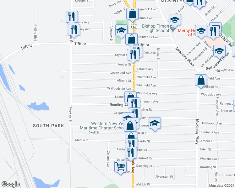 map of restaurants, bars, coffee shops, grocery stores, and more near 155 Ladner Avenue in Buffalo