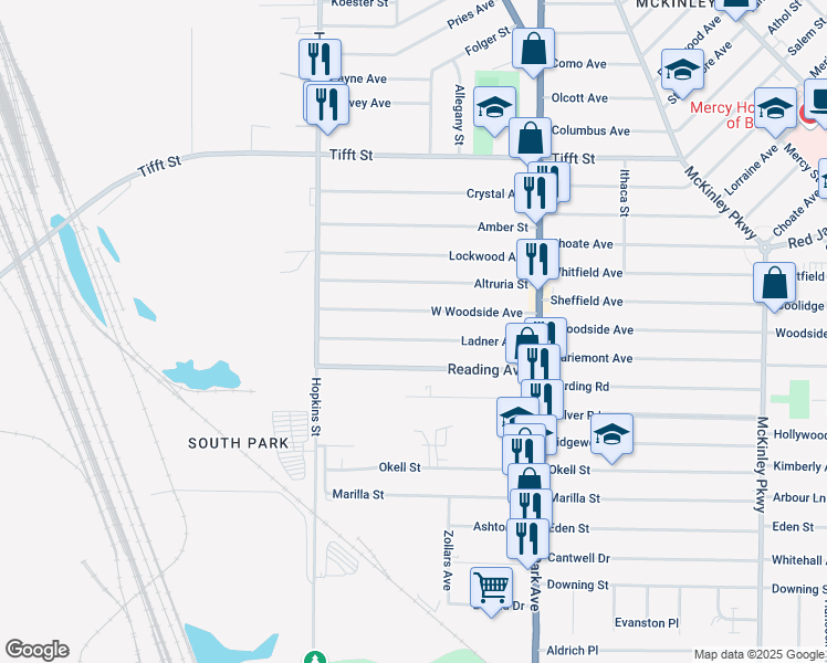 map of restaurants, bars, coffee shops, grocery stores, and more near 115 Ladner Avenue in Buffalo