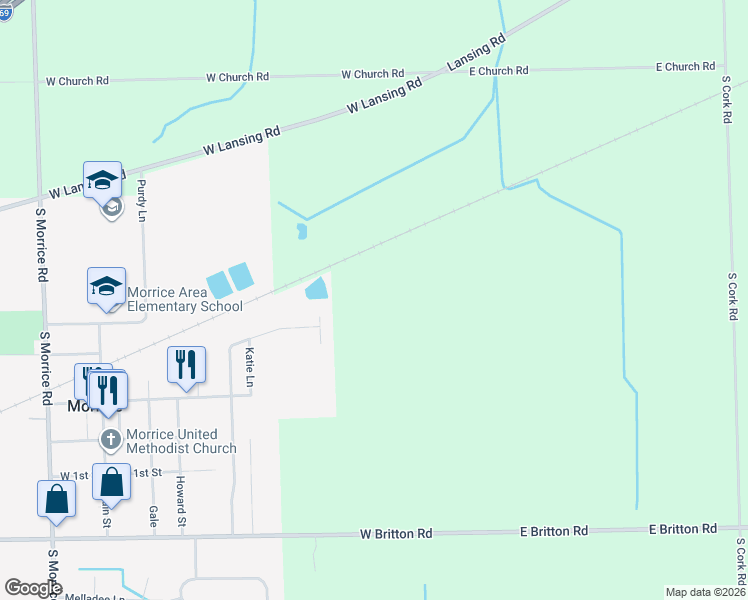 map of restaurants, bars, coffee shops, grocery stores, and more near 544 East Pond View Drive in Morrice