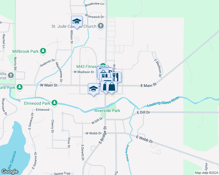 map of restaurants, bars, coffee shops, grocery stores, and more near 129 South Bridge Street in DeWitt