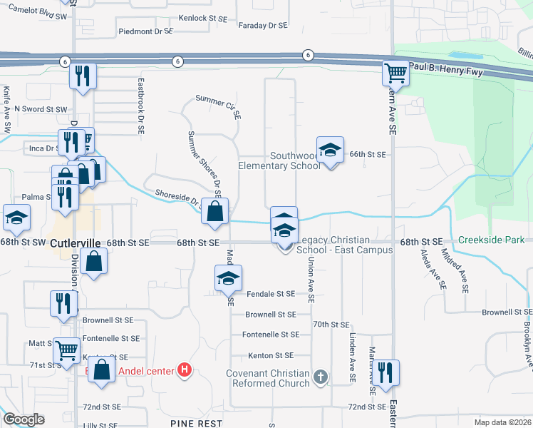map of restaurants, bars, coffee shops, grocery stores, and more near 503 68th Street Southeast in Grand Rapids