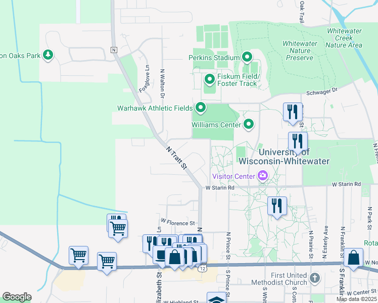 map of restaurants, bars, coffee shops, grocery stores, and more near 365 North Tratt Street in Whitewater