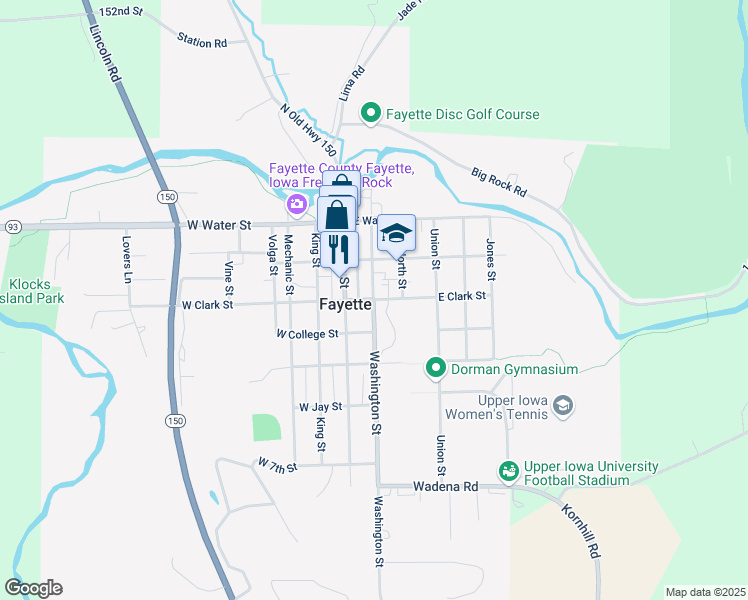 map of restaurants, bars, coffee shops, grocery stores, and more near 200 East Clark Street in Fayette