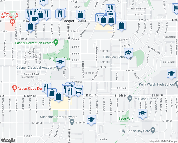 map of restaurants, bars, coffee shops, grocery stores, and more near 2444 East 9th Street in Casper