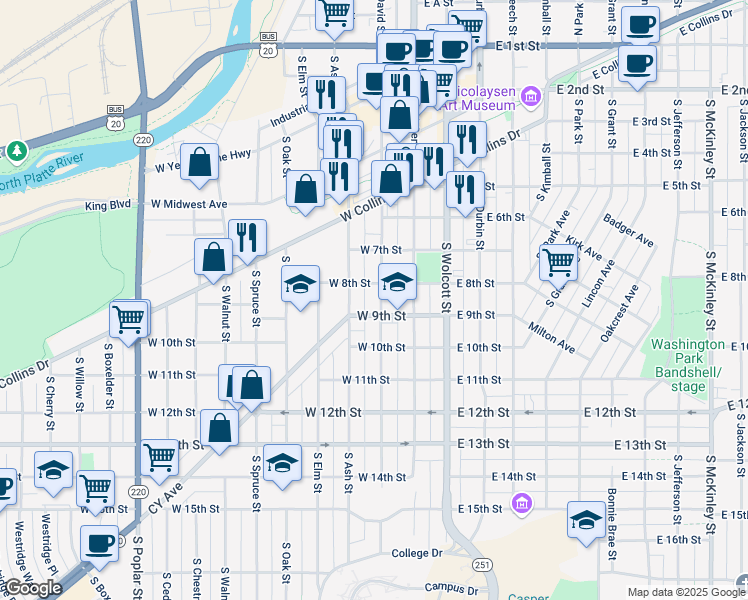 map of restaurants, bars, coffee shops, grocery stores, and more near 824 South David Street in Casper