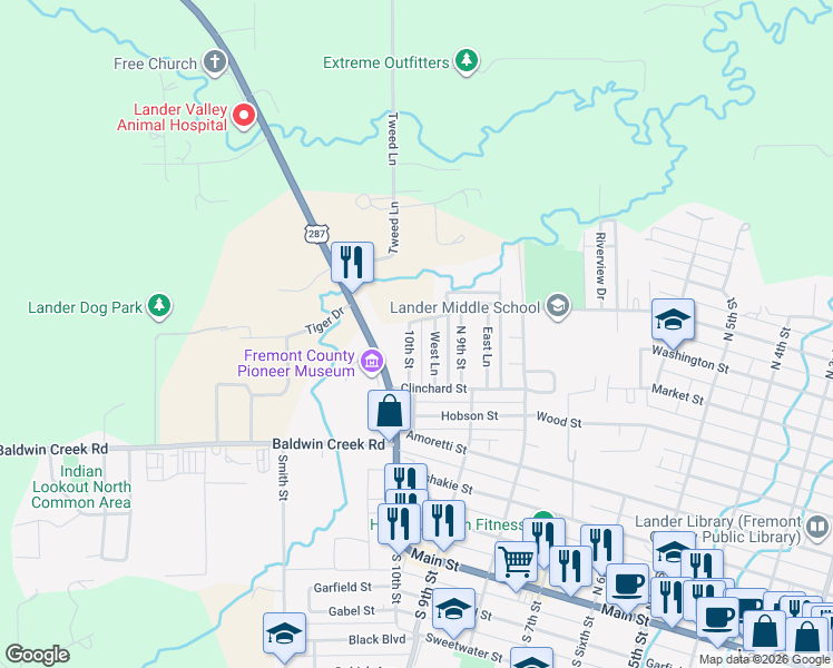 map of restaurants, bars, coffee shops, grocery stores, and more near 650 N 10th St in Lander