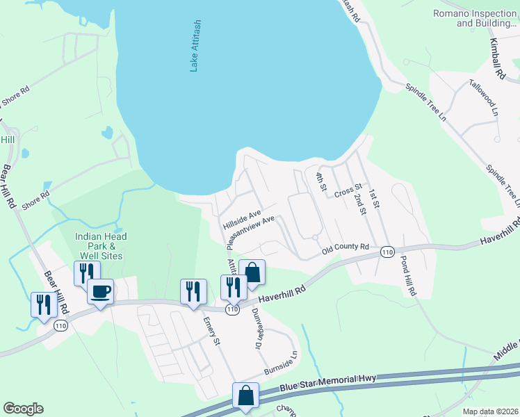 map of restaurants, bars, coffee shops, grocery stores, and more near 13 Pleasantview Avenue in Merrimac