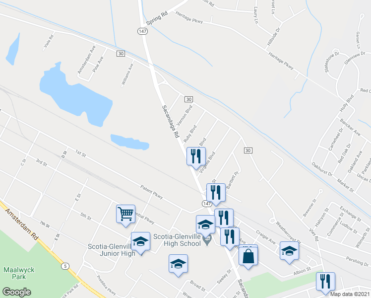 map of restaurants, bars, coffee shops, grocery stores, and more near 423 Sacandaga Road in Schenectady