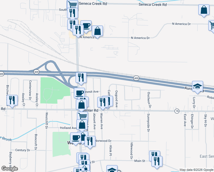 map of restaurants, bars, coffee shops, grocery stores, and more near 38 Cathedral Drive in Buffalo