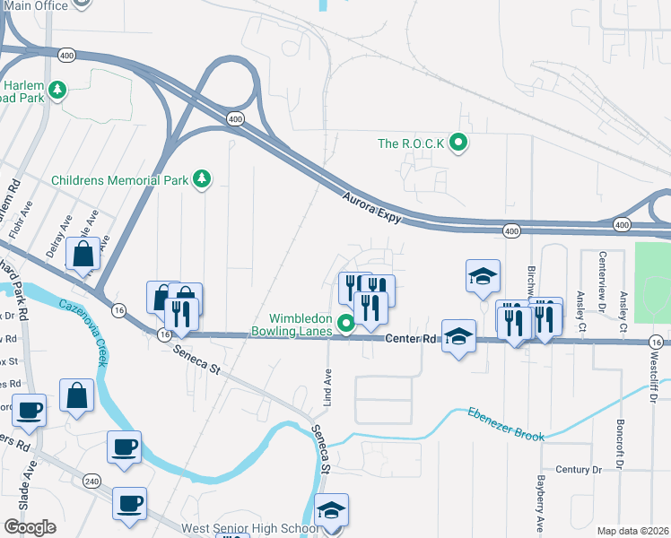 map of restaurants, bars, coffee shops, grocery stores, and more near 228 Wimbledon Court in Buffalo