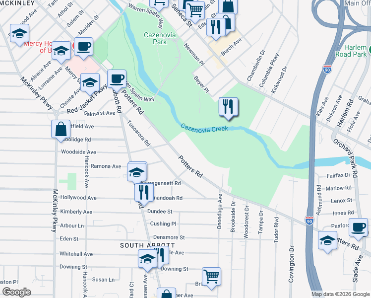 map of restaurants, bars, coffee shops, grocery stores, and more near 246 Potters Road in Buffalo