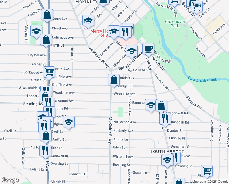 map of restaurants, bars, coffee shops, grocery stores, and more near 347 McKinley Parkway in Buffalo