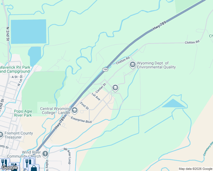 map of restaurants, bars, coffee shops, grocery stores, and more near 500 Center Street in Lander