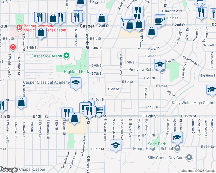 map of restaurants, bars, coffee shops, grocery stores, and more near 2435 East 9th Street in Casper