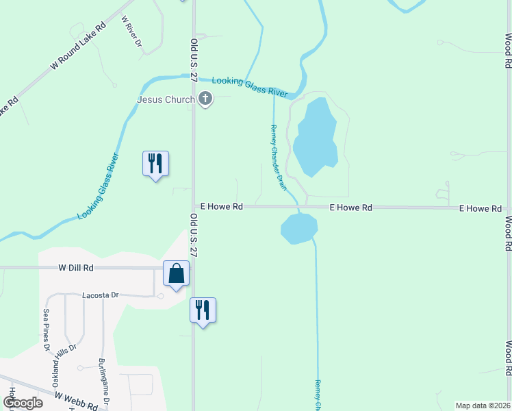 map of restaurants, bars, coffee shops, grocery stores, and more near 1346 East Howe Road in DeWitt
