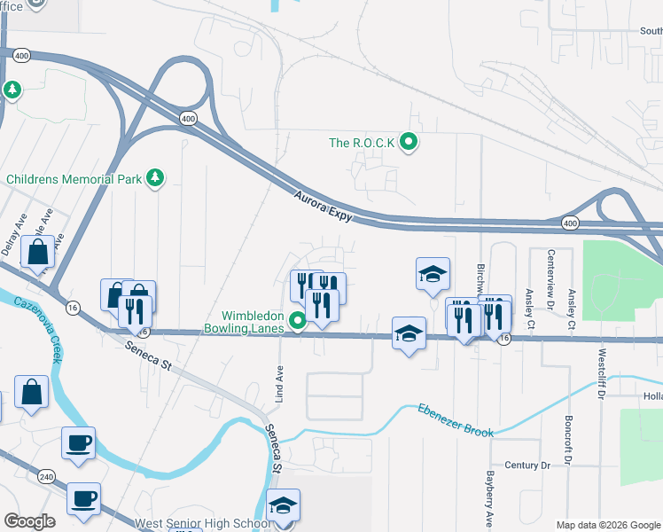 map of restaurants, bars, coffee shops, grocery stores, and more near 31 Wimbledon Lane in Buffalo