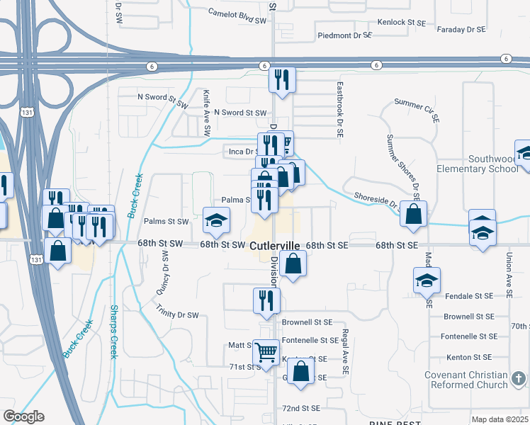 map of restaurants, bars, coffee shops, grocery stores, and more near 6718 Division Avenue South in Grand Rapids