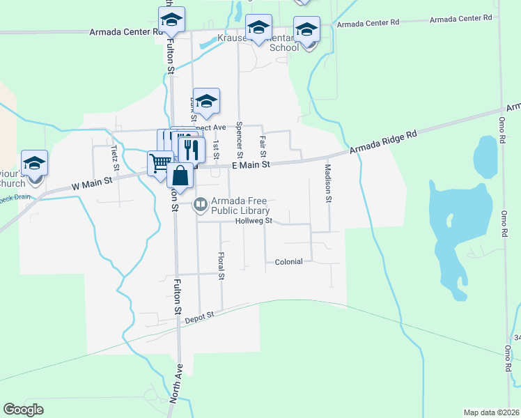 map of restaurants, bars, coffee shops, grocery stores, and more near 73873 Franklin Lane in Armada
