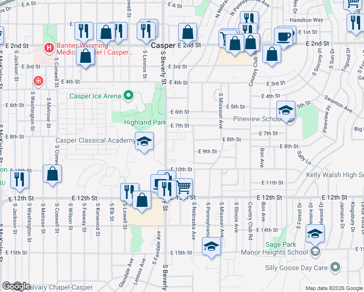 map of restaurants, bars, coffee shops, grocery stores, and more near 910 South Nebraska Avenue in Casper