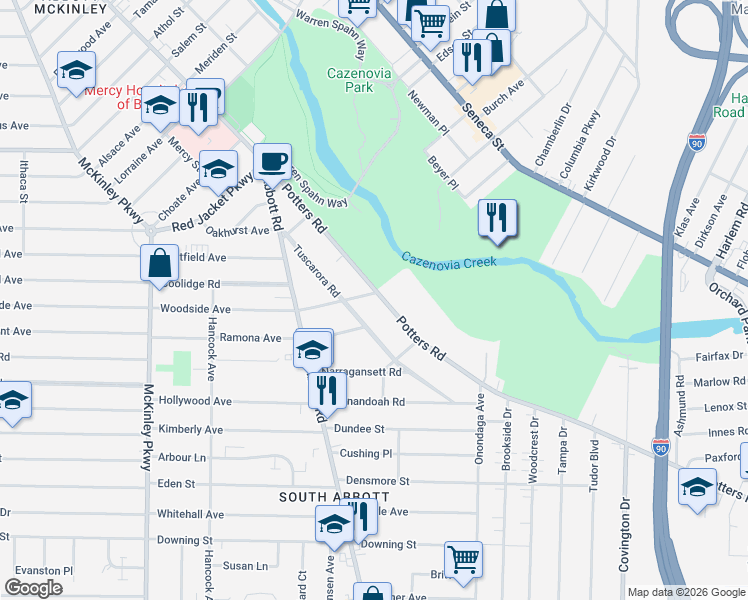 map of restaurants, bars, coffee shops, grocery stores, and more near 148 Tuscarora Road in Buffalo
