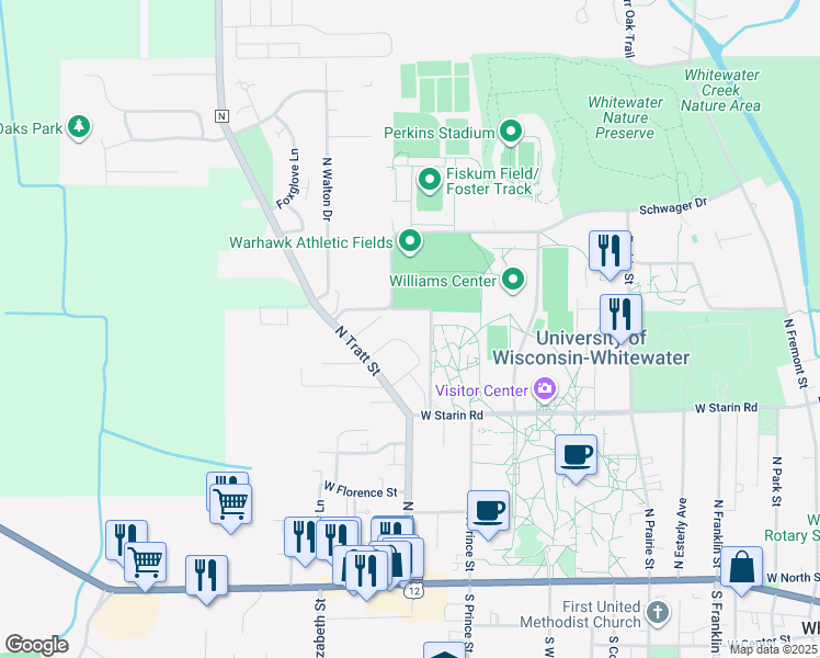 map of restaurants, bars, coffee shops, grocery stores, and more near 375 N Harmony Ln in Whitewater