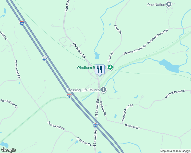 map of restaurants, bars, coffee shops, grocery stores, and more near 125 North Lowell Road in Windham