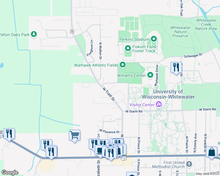 map of restaurants, bars, coffee shops, grocery stores, and more near 406 Harmony Drive in Whitewater