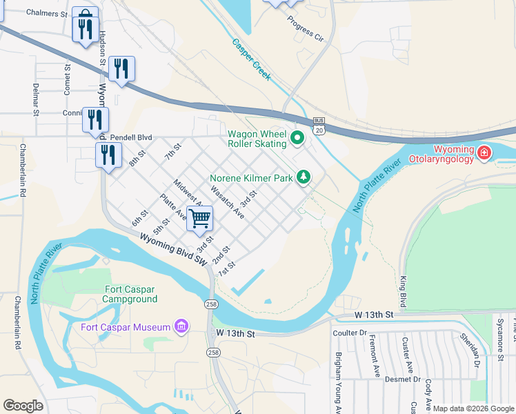 map of restaurants, bars, coffee shops, grocery stores, and more near 299 Wasatch Avenue in Mills