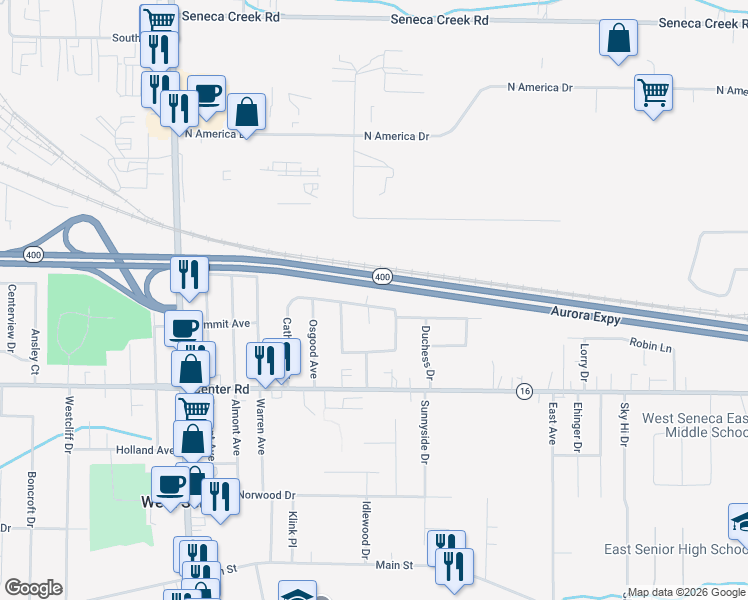 map of restaurants, bars, coffee shops, grocery stores, and more near 102 Cathedral Drive in Buffalo