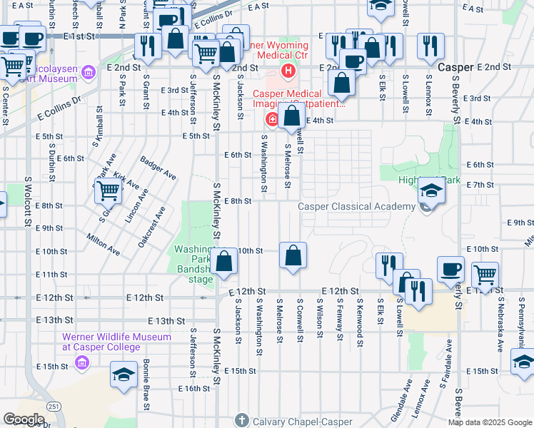 map of restaurants, bars, coffee shops, grocery stores, and more near 825 South Washington Street in Casper