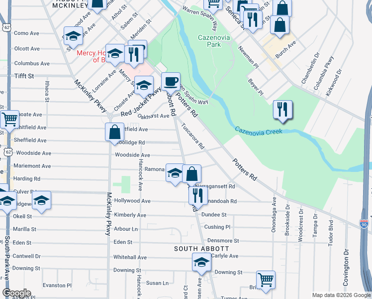 map of restaurants, bars, coffee shops, grocery stores, and more near 784 Abbott Road in Buffalo
