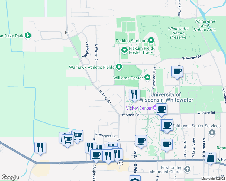 map of restaurants, bars, coffee shops, grocery stores, and more near 375 North Harmony Lane in Whitewater