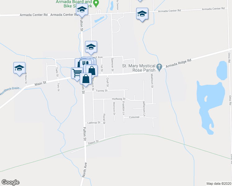 map of restaurants, bars, coffee shops, grocery stores, and more near 23366 Torrey Street in Armada