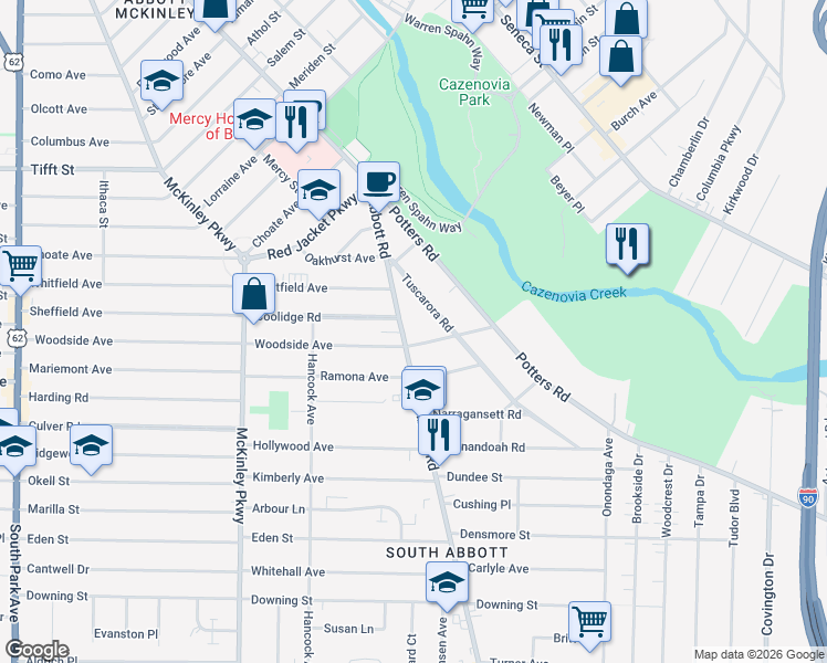 map of restaurants, bars, coffee shops, grocery stores, and more near 784 Abbott Road in Buffalo