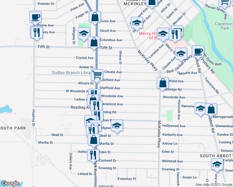 map of restaurants, bars, coffee shops, grocery stores, and more near 84 Sheffield Avenue in Buffalo