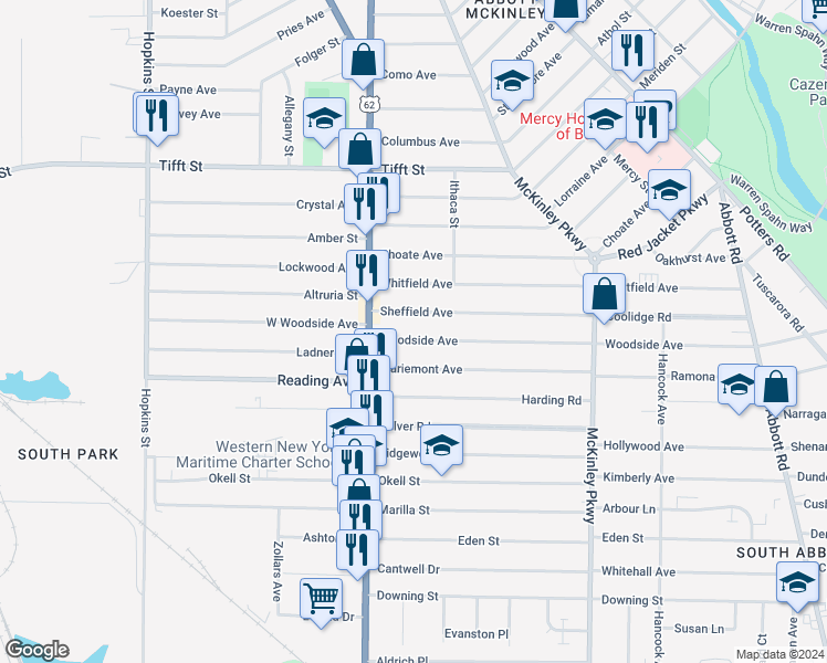 map of restaurants, bars, coffee shops, grocery stores, and more near 46 Sheffield Avenue in Buffalo